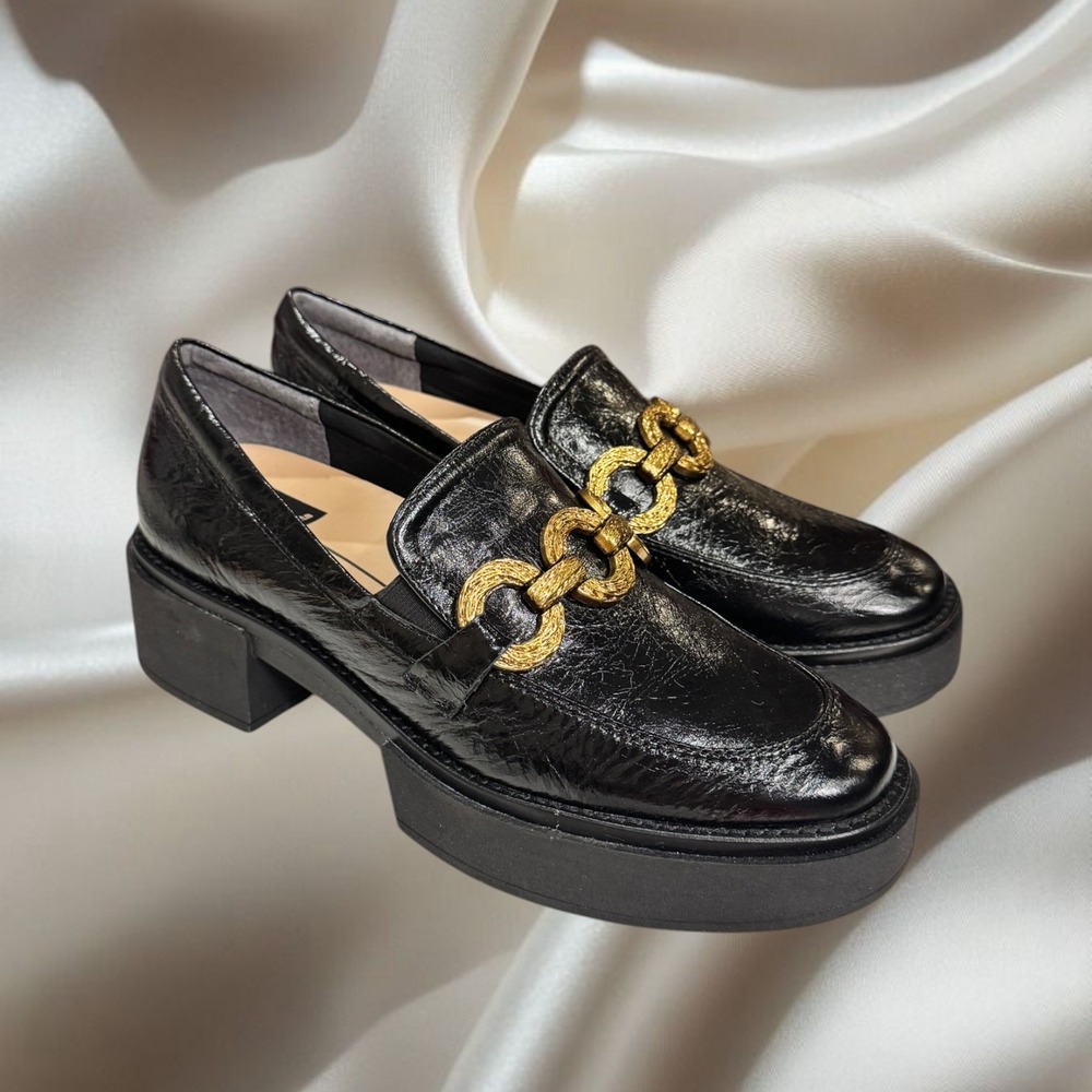 Dolce Vita Black Patent Leather Platform Loafers Gold Chain Size‎ 8.5